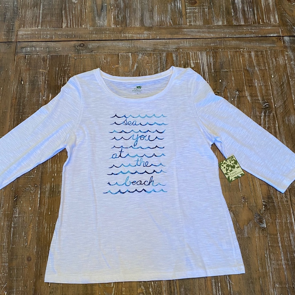 PALM HARBOR Women's White T-Shirt 3/4 Sleeve Sea You At The Beach Large NWT
